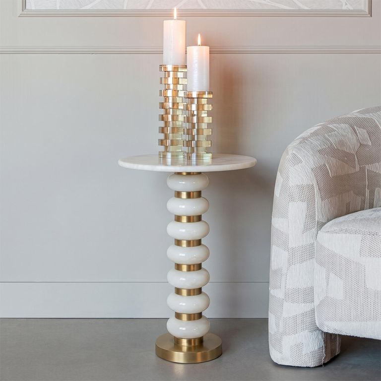 Barbara End Table - Round - White and Gold - Glass and Marble