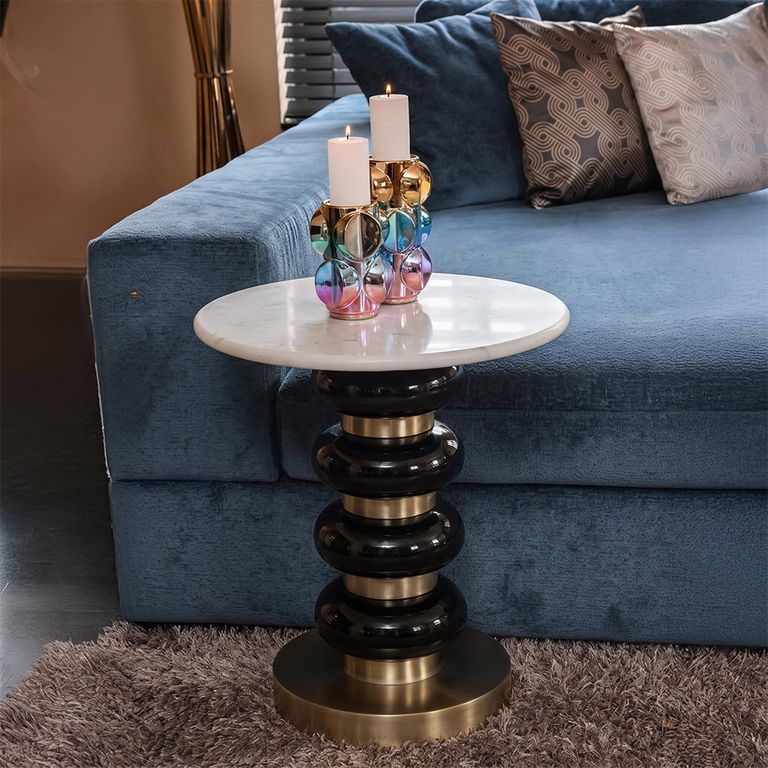 Boann End Table - Round - White and Black - Glass and Marble