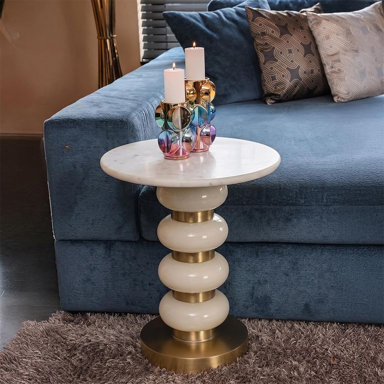 Boann End Table - Round - White and Gold - Glass and Marble