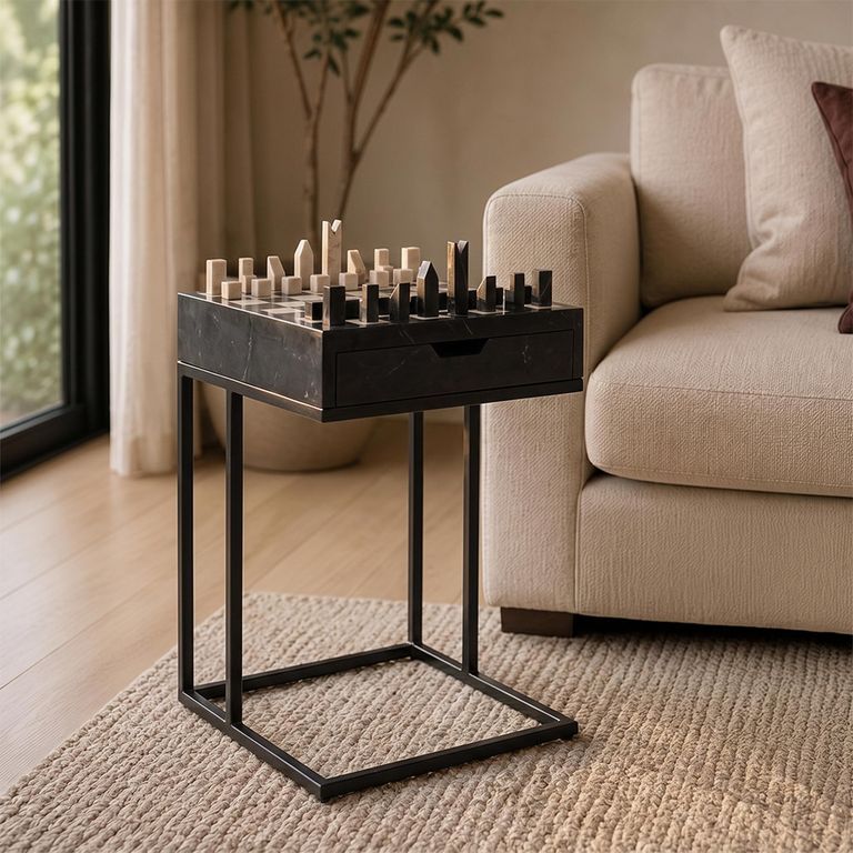Davos End Table - 1 Drawer - Square - Black - Marble and Metal