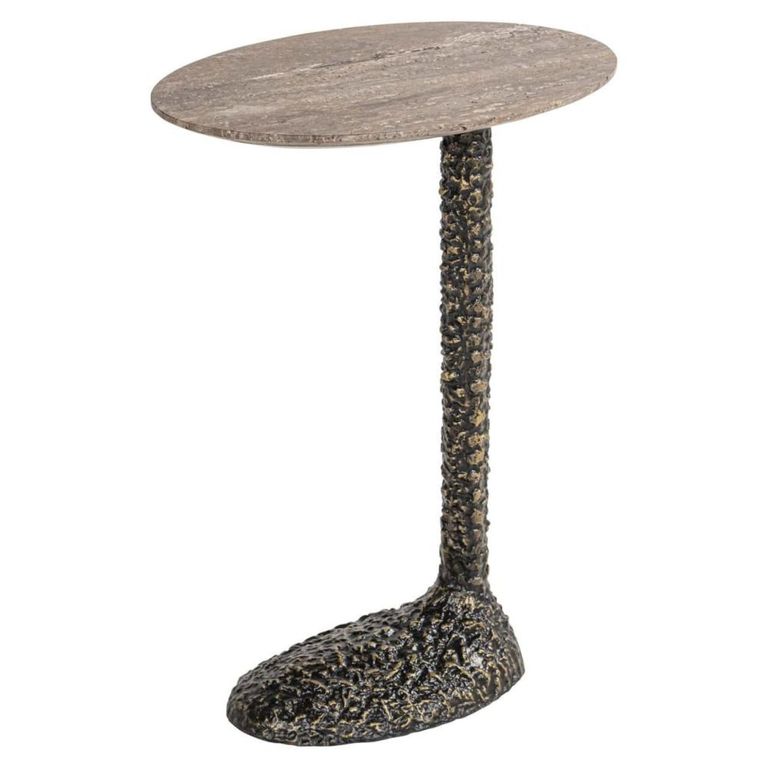 Arosa End Table - Oval - Brown and Black - Travertine and Aluminium
