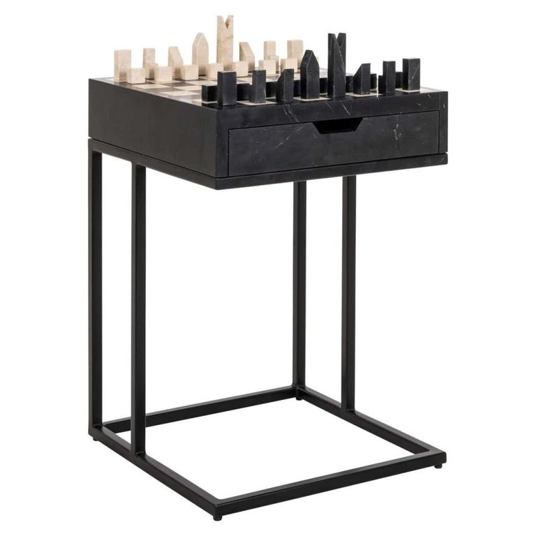 Davos End Table - 1 Drawer - Square - Black - Marble and Metal