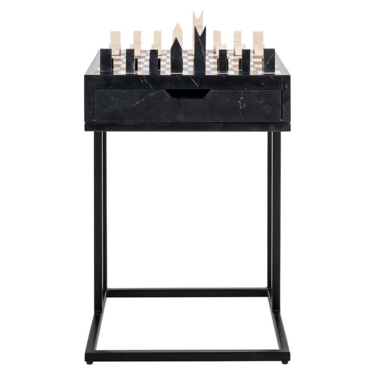 Davos End Table - 1 Drawer - Square - Black - Marble and Metal