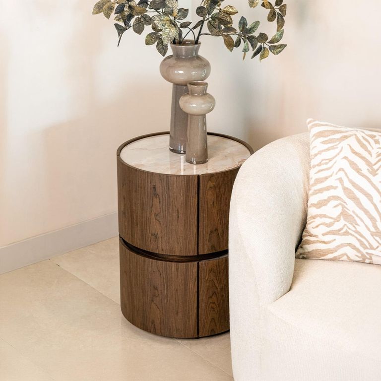 Ellery End Table - 2 Drawer - Round - Brown - Ceramic and Wood
