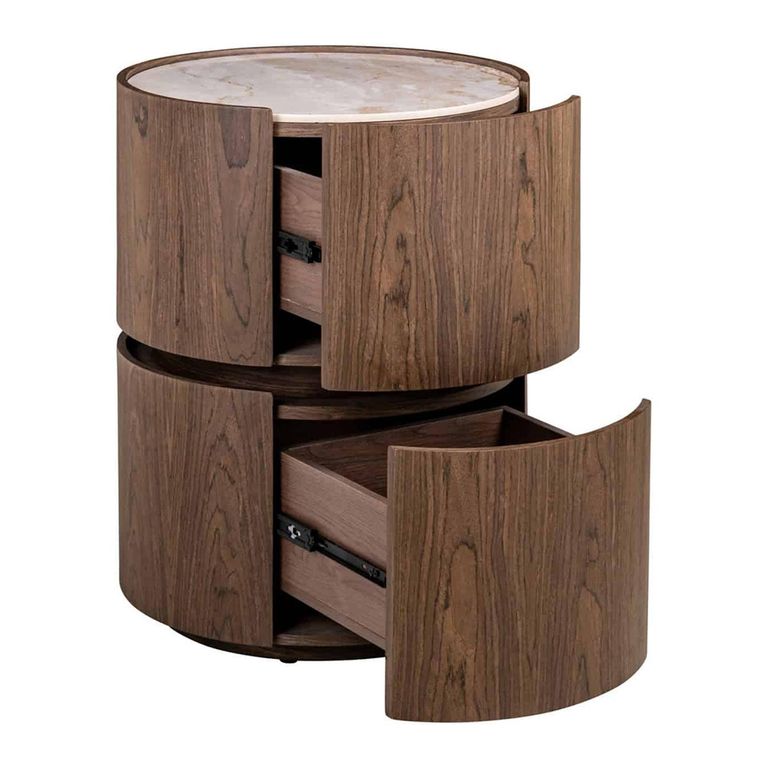 Ellery End Table - 2 Drawer - Round - Brown - Ceramic and Wood