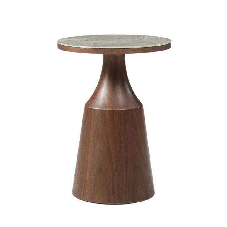 Willow End Table - Round - Column Base - Tobacco Walnut and Beige - Wood and Marble Effect