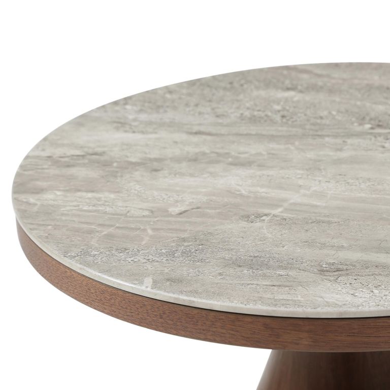 Willow End Table - Round - Column Base - Tobacco Walnut and Beige - Wood and Marble Effect