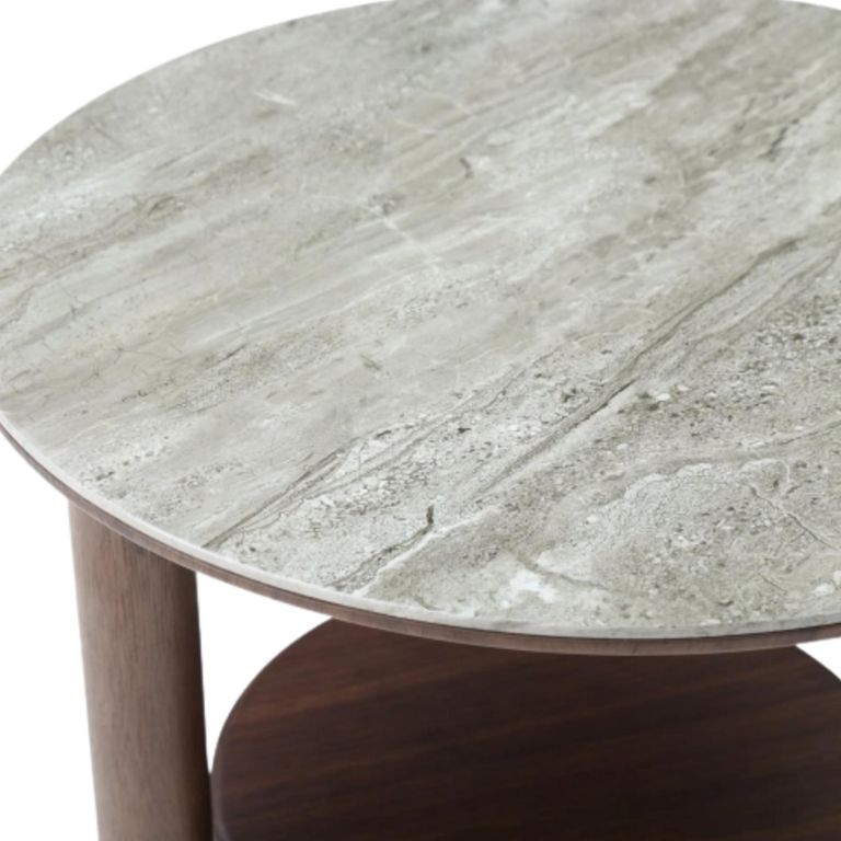 Willow Lamp Table - Round - Tobacco Walnut and Beige - Wood and Marble Effect