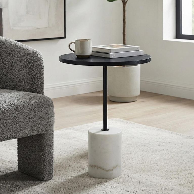Basil Lamp Table - Round - Black and White - Wood and Marble