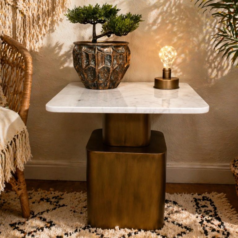 Side Table - Square - White and Antique Gold - Marble and Metal