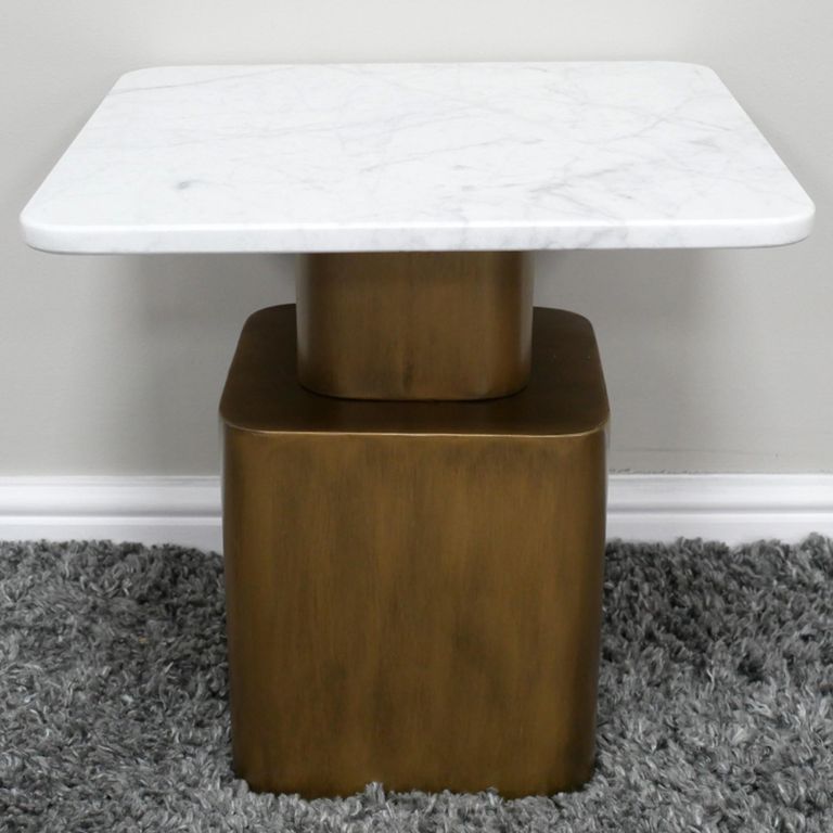 Side Table - Square - White and Antique Gold - Marble and Metal