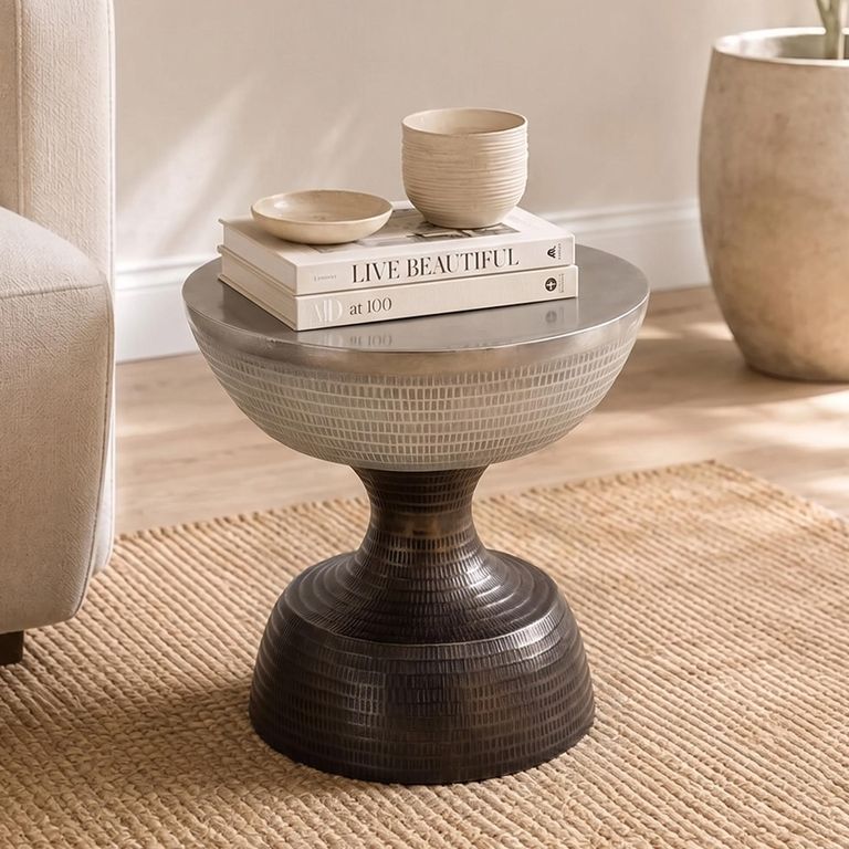 Diabolo Side Table - Round - Silver and Bronze - Hammered Aluminium
