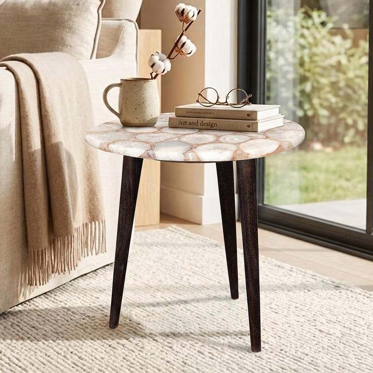 Petri Side Table - White - Agate Marble and Wood