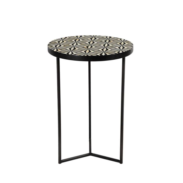 Delhi Side Table - Round - Geometric - Black - Bone Inlay and Metal