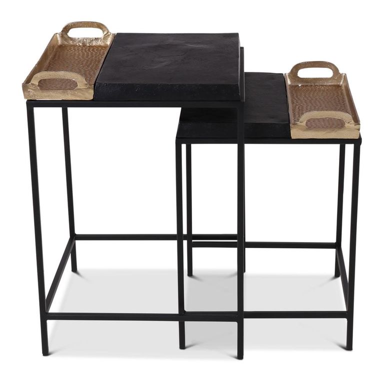 Jiran Side Table - 2 Tier - Serving Tray - Square - Black and Gold - Metal