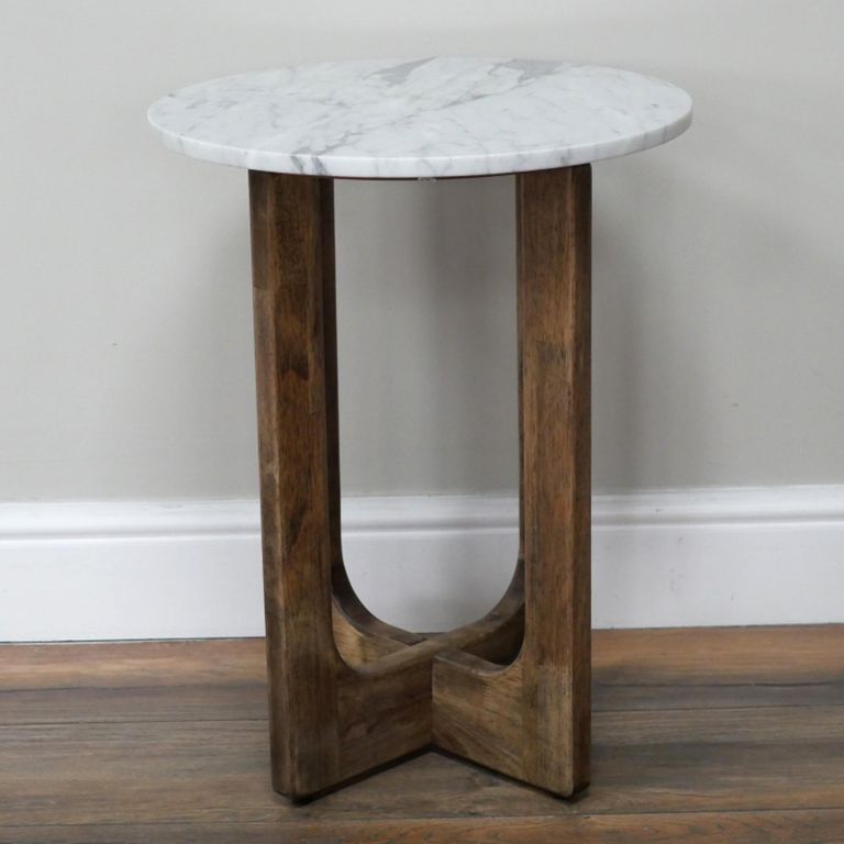 Side Table - Round - Tall - Rubber Wood and Marble