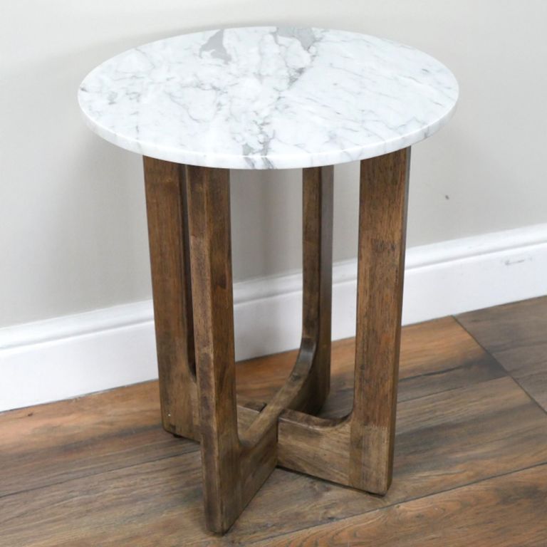 Side Table - Round - Tall - Rubber Wood and Marble