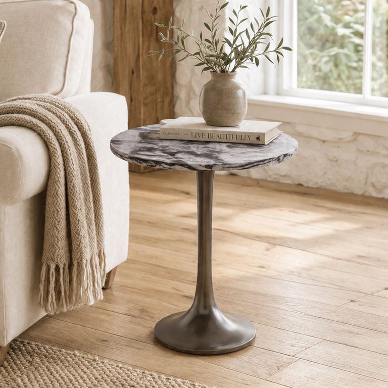 Nantes Side Table - Round - Grey - Marble Effect and Metal