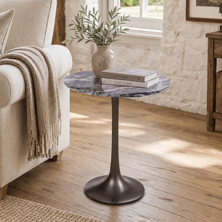 Nantes Side Table - Round - Tall - Grey - Marble Effect and Metal