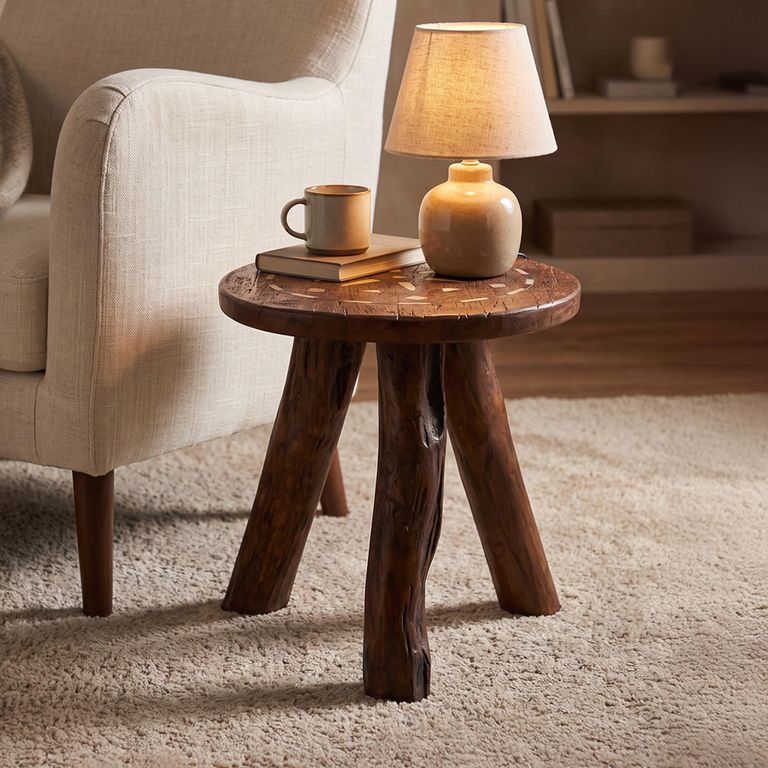 Side Table - Round - Small - Rustic Brown - Bone Inlay and Wood