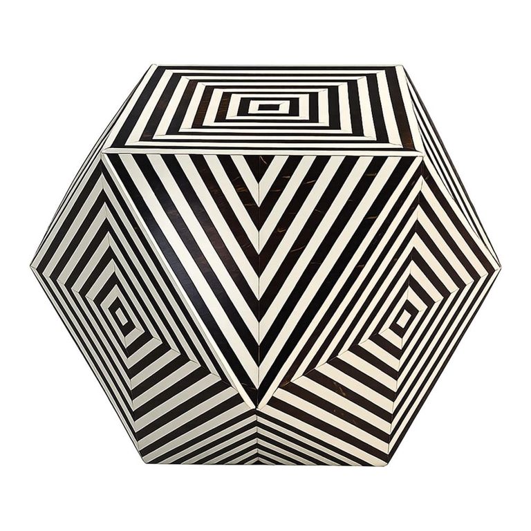 Side Table - Hexagon - Black and White - Bone Inlay