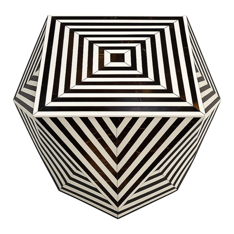 Side Table - Hexagon - Black and White - Bone Inlay