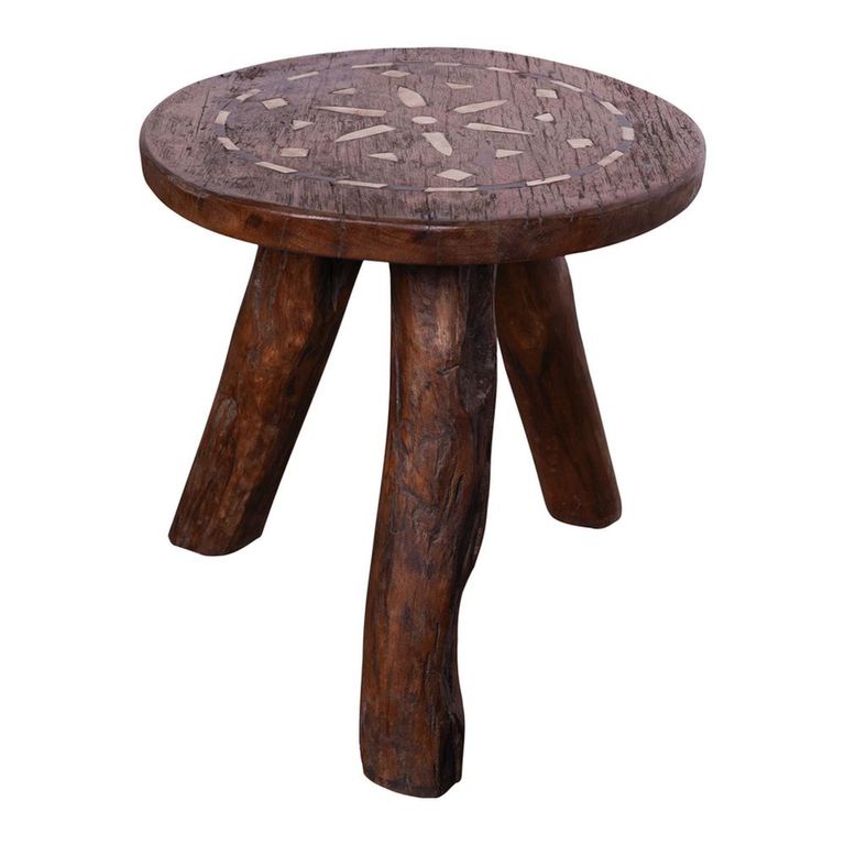 Side Table - Round - Small - Rustic Brown - Bone Inlay and Wood