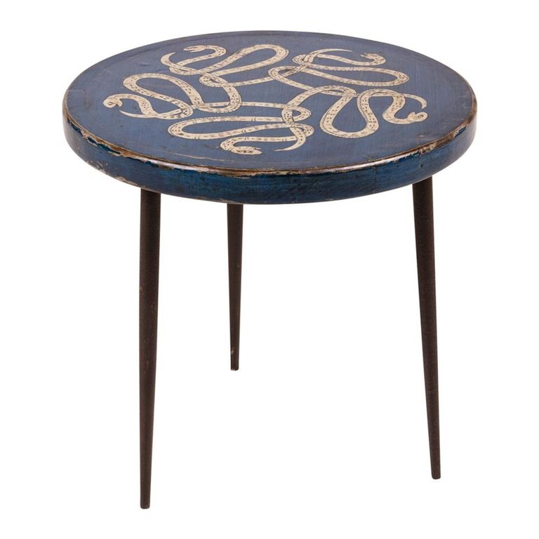 Vermont Side Table - Round - Blue and Black - Pine Wood and Metal