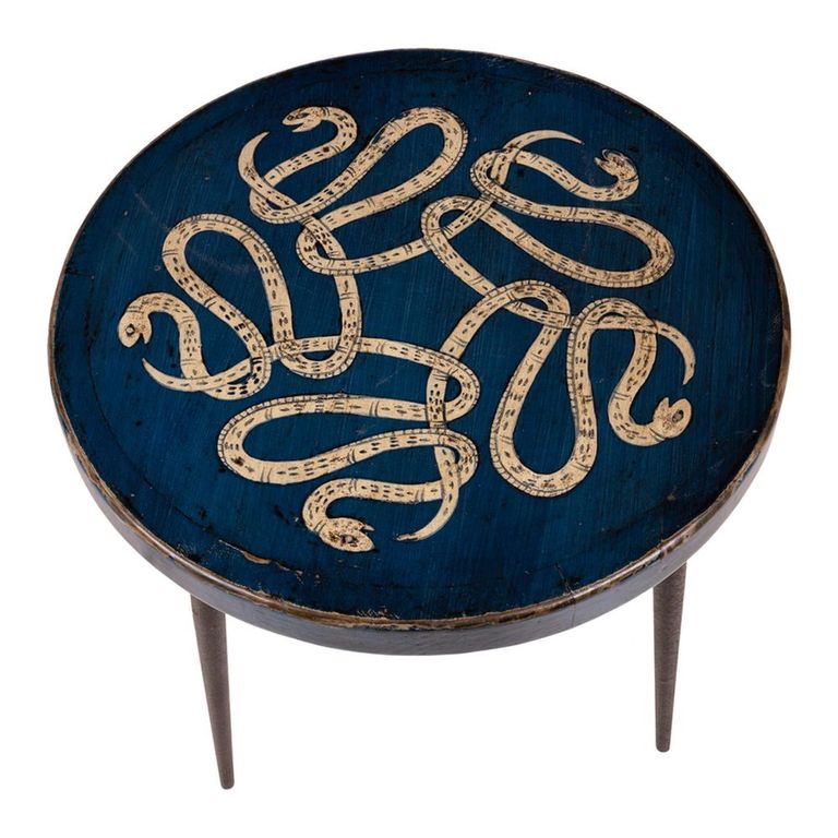 Vermont Side Table - Round - Blue and Black - Pine Wood and Metal