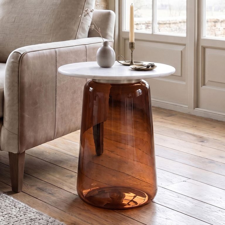 Amadora Side Table - Round - White Marble Top - Amber Glass