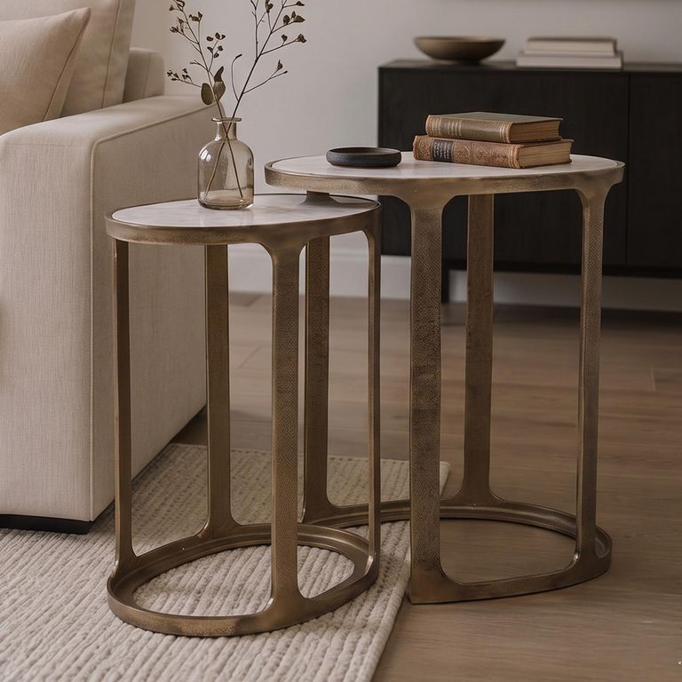 Bolano Side Table - 2 Tier - Oval - White and Gold - Marble and Metal