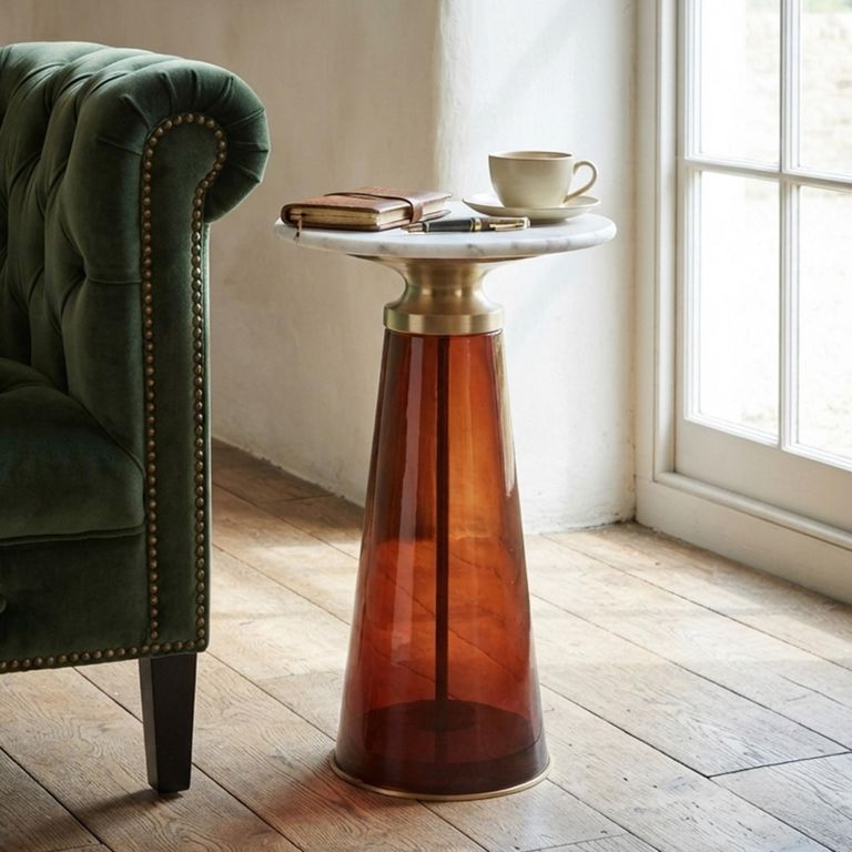 Braga Side Table - Tall - Round - White Marble Top - Amber Glass