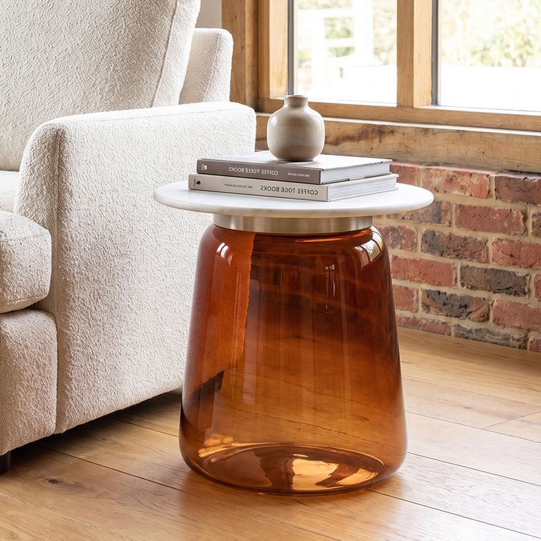 Maia Side Table - Round - White Marble Top - Amber Glass