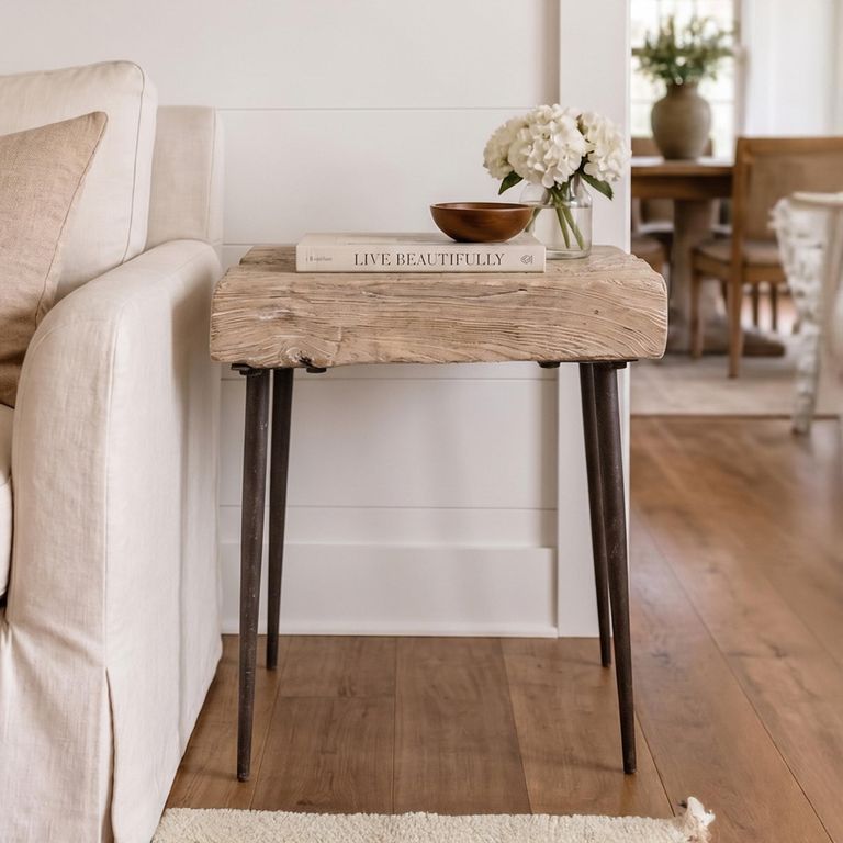 Side Table - Live Edge - Square - Rustic Natural - Elm Wood and Metal Leg