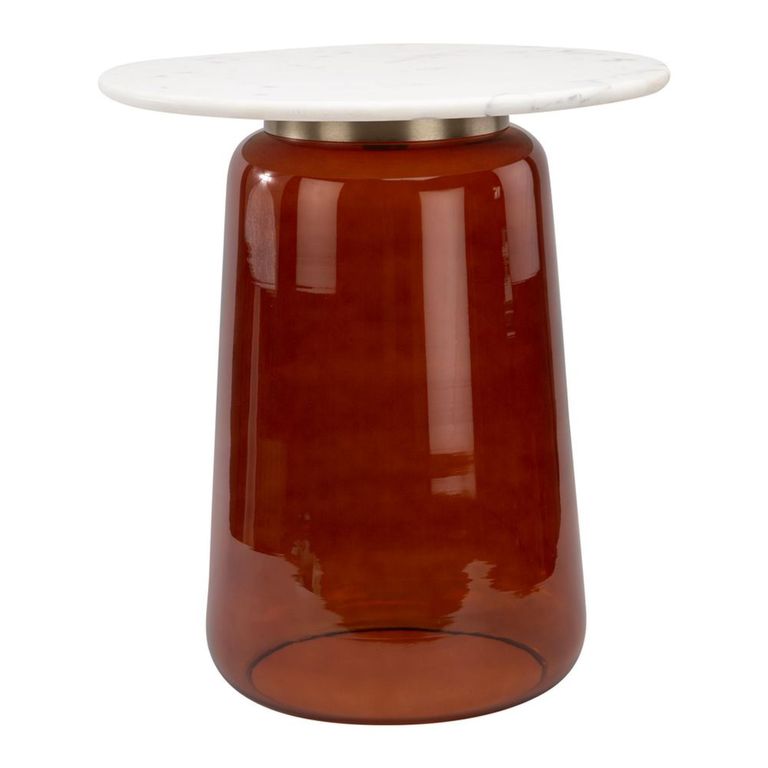 Amadora Side Table - Round - White Marble Top - Amber Glass
