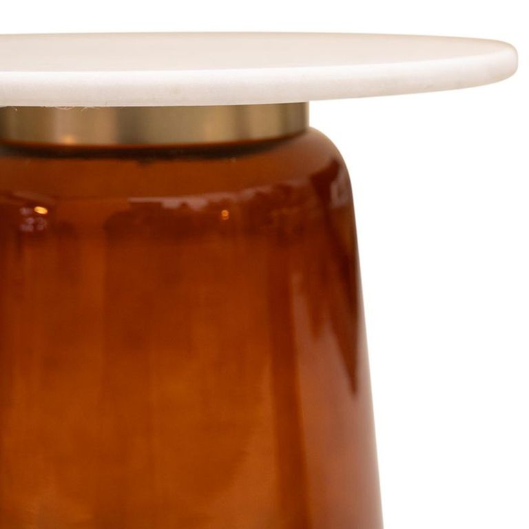 Amadora Side Table - Round - White Marble Top - Amber Glass