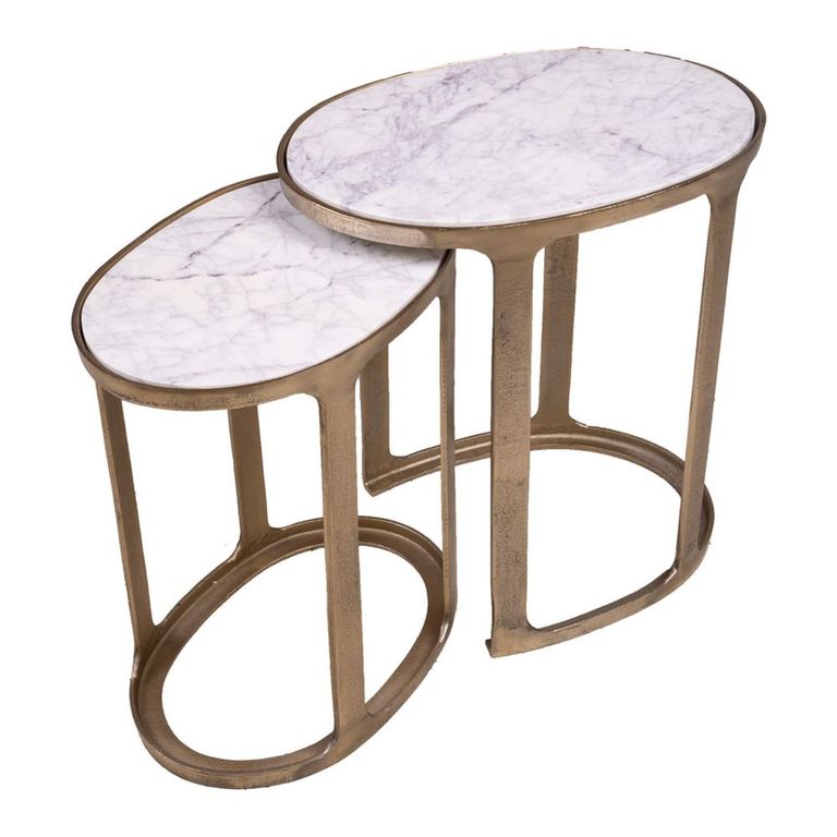 Bolano Side Table - 2 Tier - Oval - White and Gold - Marble and Metal
