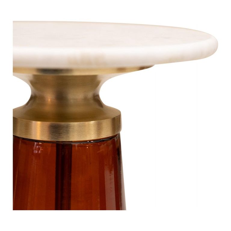 Braga Side Table - Tall - Round - White Marble Top - Amber Glass