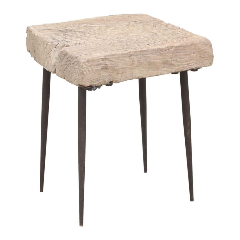 Side Table - Live Edge - Square - Rustic Natural - Elm Wood and Metal Leg