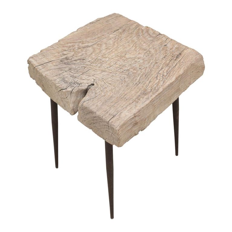 Side Table - Live Edge - Square - Rustic Natural - Elm Wood and Metal Leg