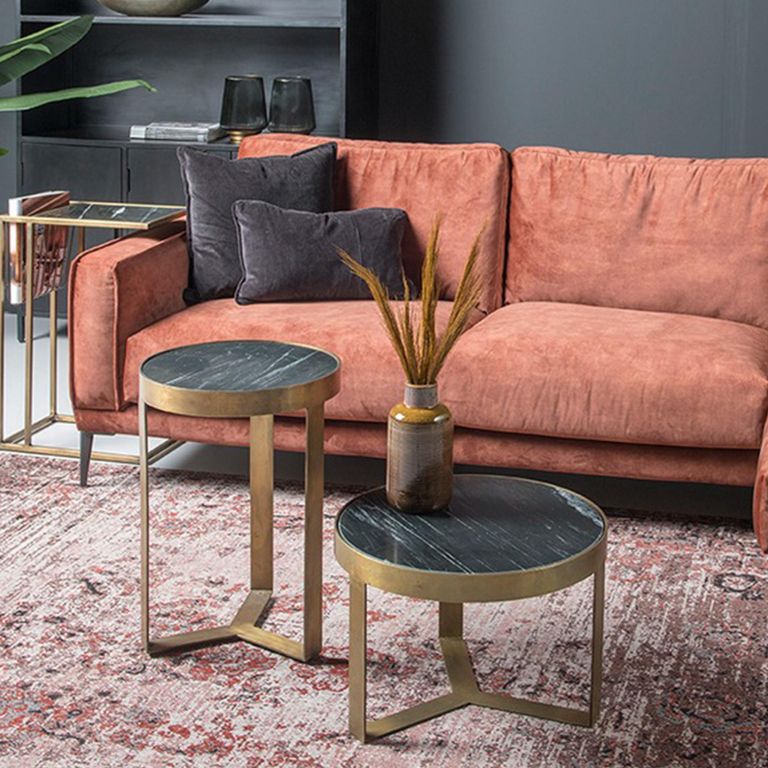 Glennis Side Table - Round - Geometric Base - Black and Gold - Marble Effect