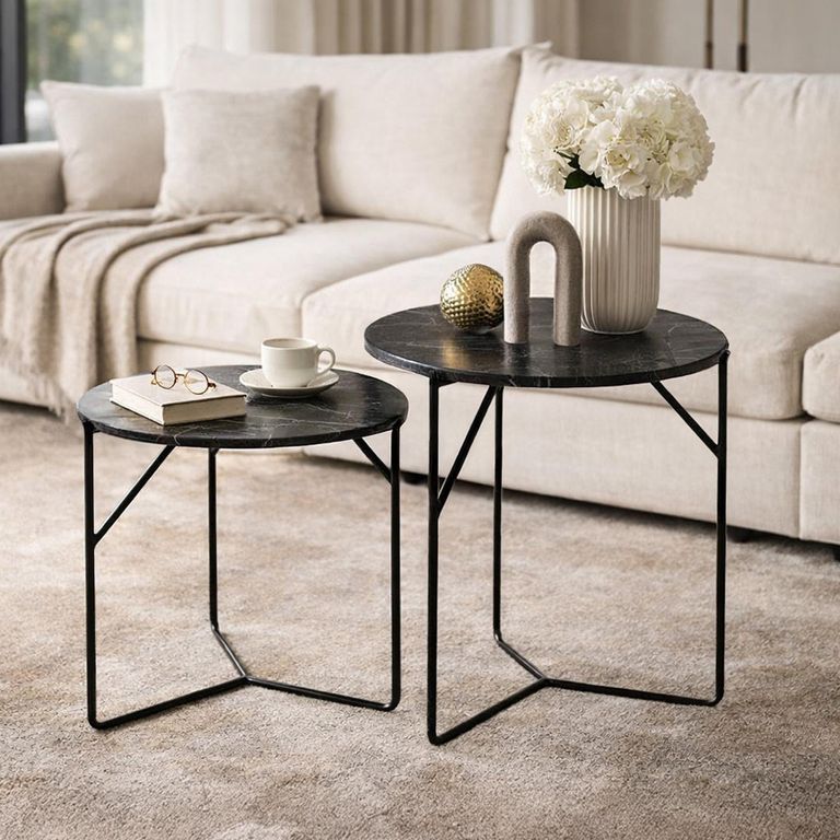 Mason Side Table - Round - 2 Tier - Black - Marble