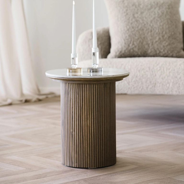 Athens Side Table - Round - Fluted Base - White and Brown - Ceramic and Wooden