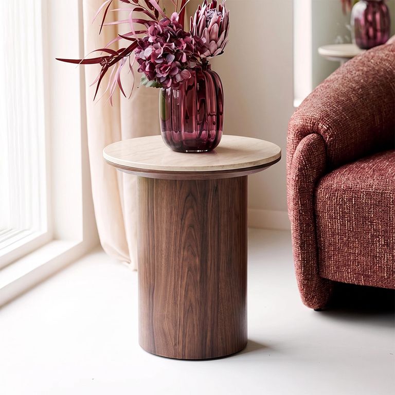 Delphi Side Table - Round - Cylindrical Base - Cream and Dark Brown - Ceramic and Wooden