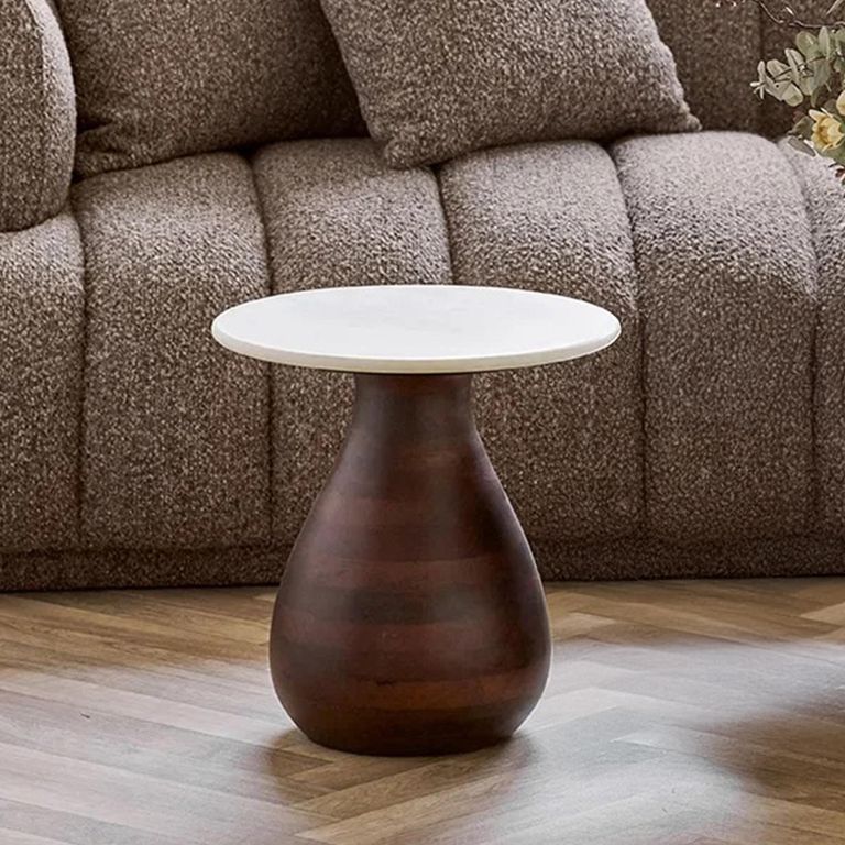 Heide Side Table - Round - White and Dark Brown - Marble and Mango Wood