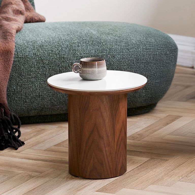 Noli Side Table - Round - Cylindrical Base - White and Dark Brown - Ceramic and Wooden