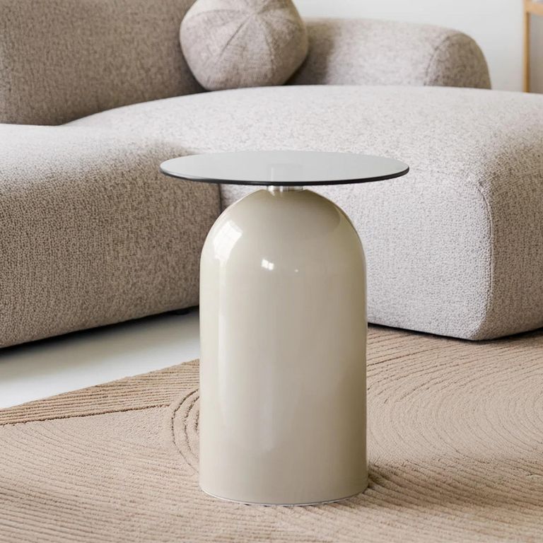 Ravello Side Table - Round - Sculptural Base - Grey and Beige - Tempered Glass and Metal