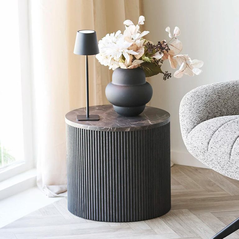 Rota Side Table - Round - Fluted Base - Dark Brown - Marble Look
