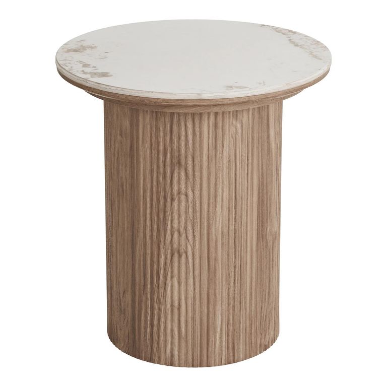 Athens Side Table - Round - Fluted Base - White and Brown - Ceramic and Wooden