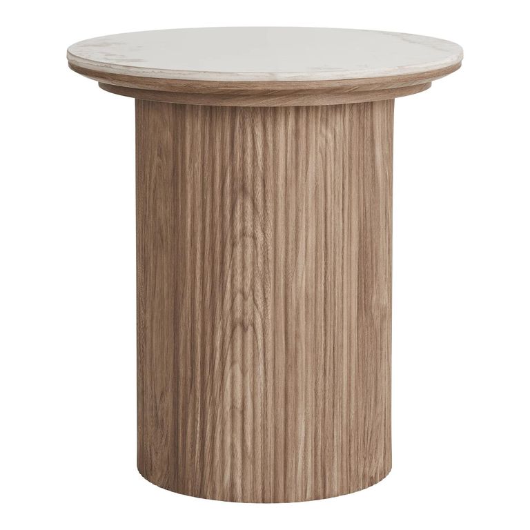Athens Side Table - Round - Fluted Base - White and Brown - Ceramic and Wooden